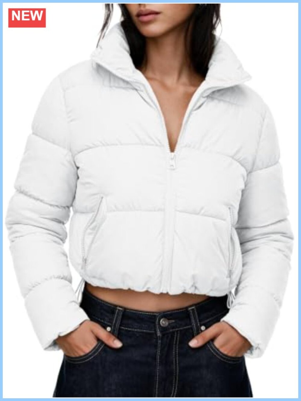 Quilted Puffer Jacket Cropped High Neck Zip Warm Winter Coat